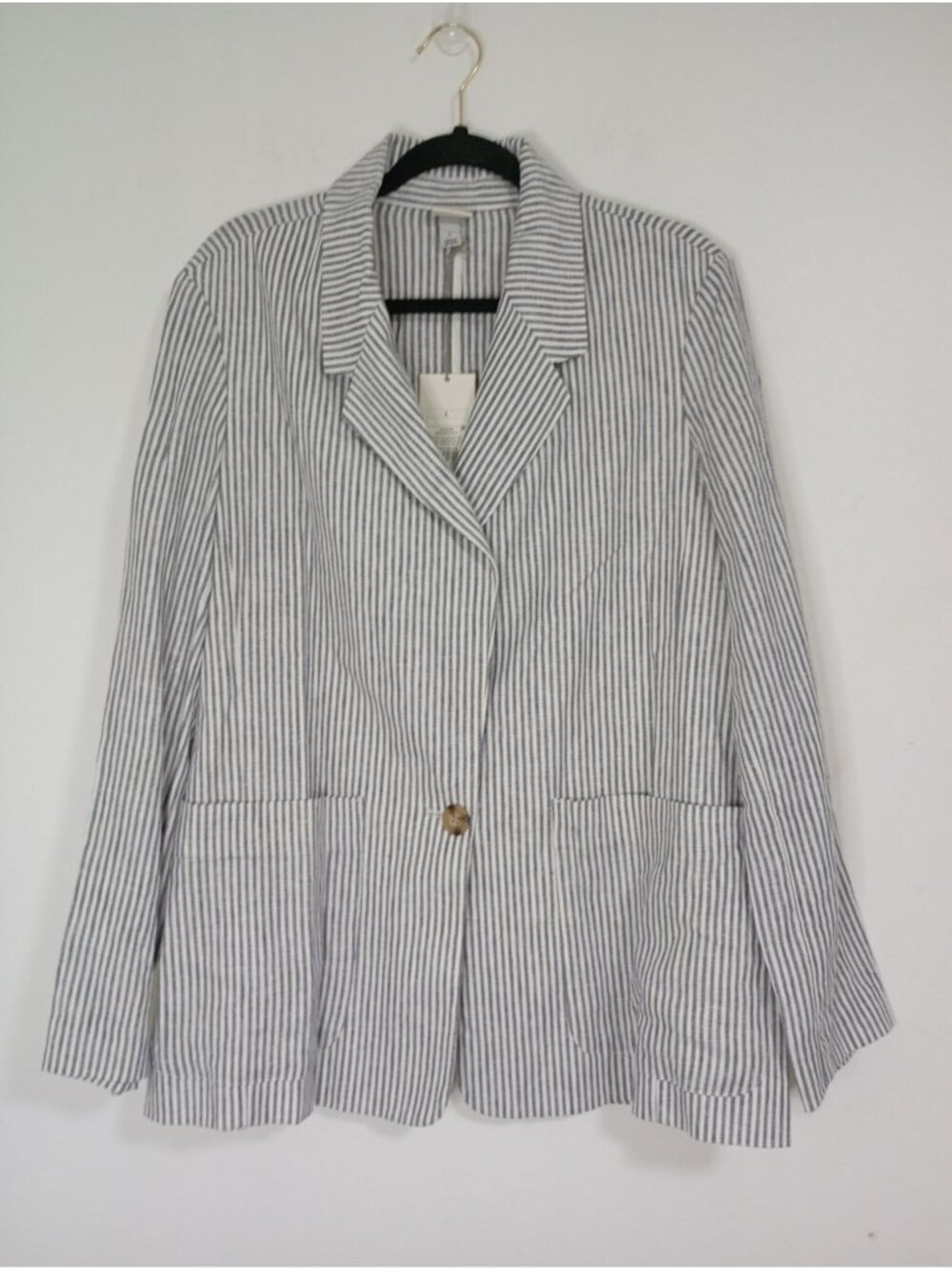 Striped Linen Blend Blazer By A New Day L Gray/White Single Button Notch Lapel
